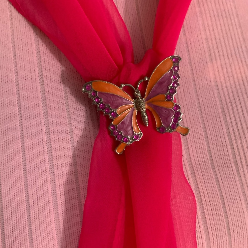 Sheer Hot Pink Scarf and Butterfly Pin